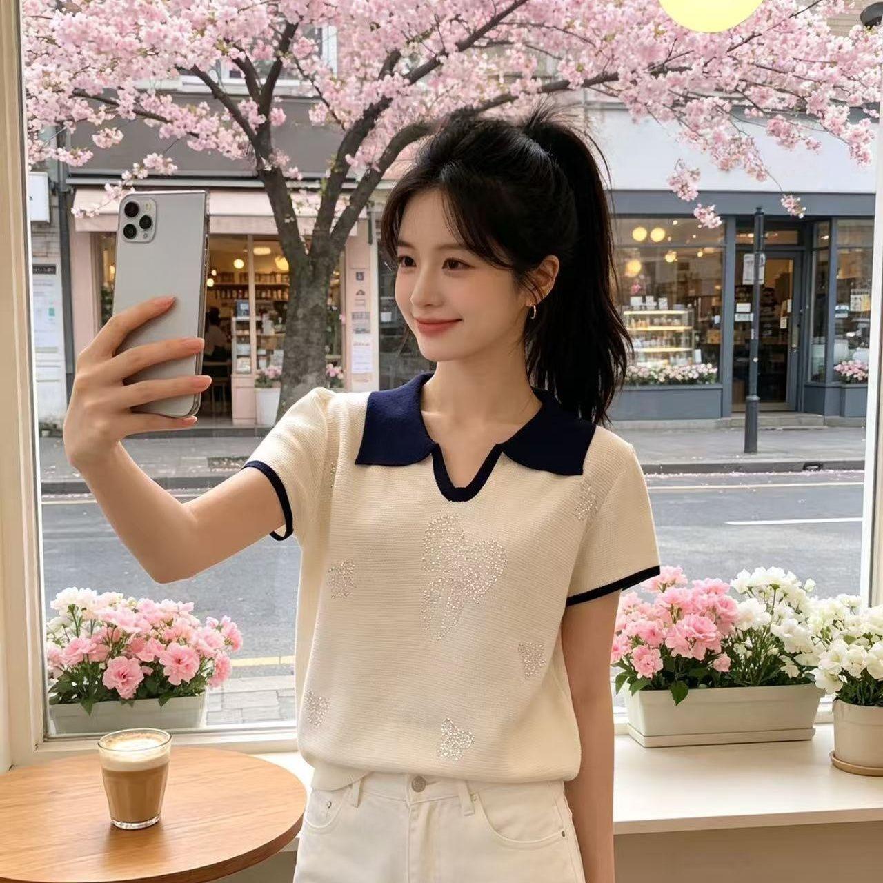 

High-end Casual Short-sleeved T-shirt for Women in Summer. New Style, High-end, Niche Design, Fashionable and Trendy, Suitable for Reducing Age. Top. One size абрикосовий