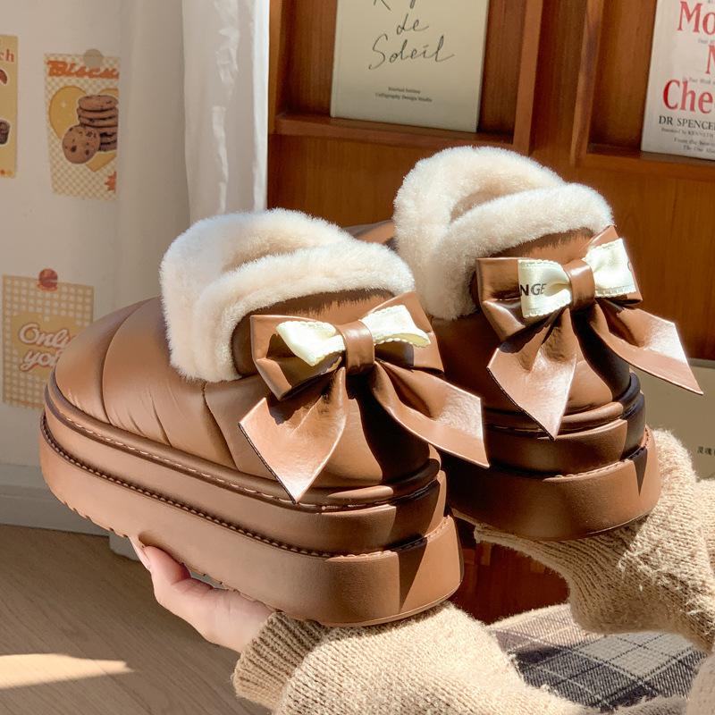 New fashionable thick-soled heightening bow cotton shoes winter velvet warm soft-soled shoes hairy snow shoes