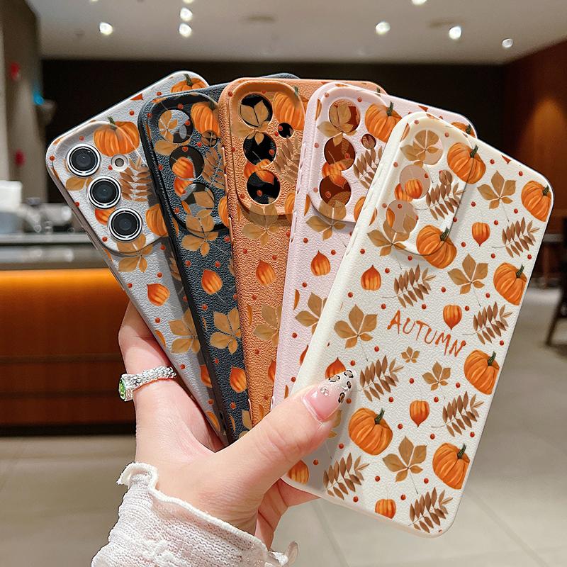 Herbst Kürbisdruck Handyhülle Für Samsung Galaxy S25 Edge S24 S25 FE S23 S22 Ultra A17 A56 A55 A54 A36 A15 A16 Silikon Ledertextur Cover