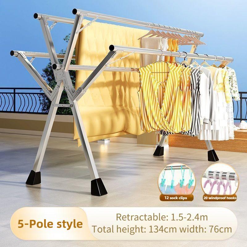 Varal de Roupa de Aço Inoxidável Doméstico Dobrável Cabide Varal Varanda 5 Varas Extensível Ferramenta de Secagem de Roupa