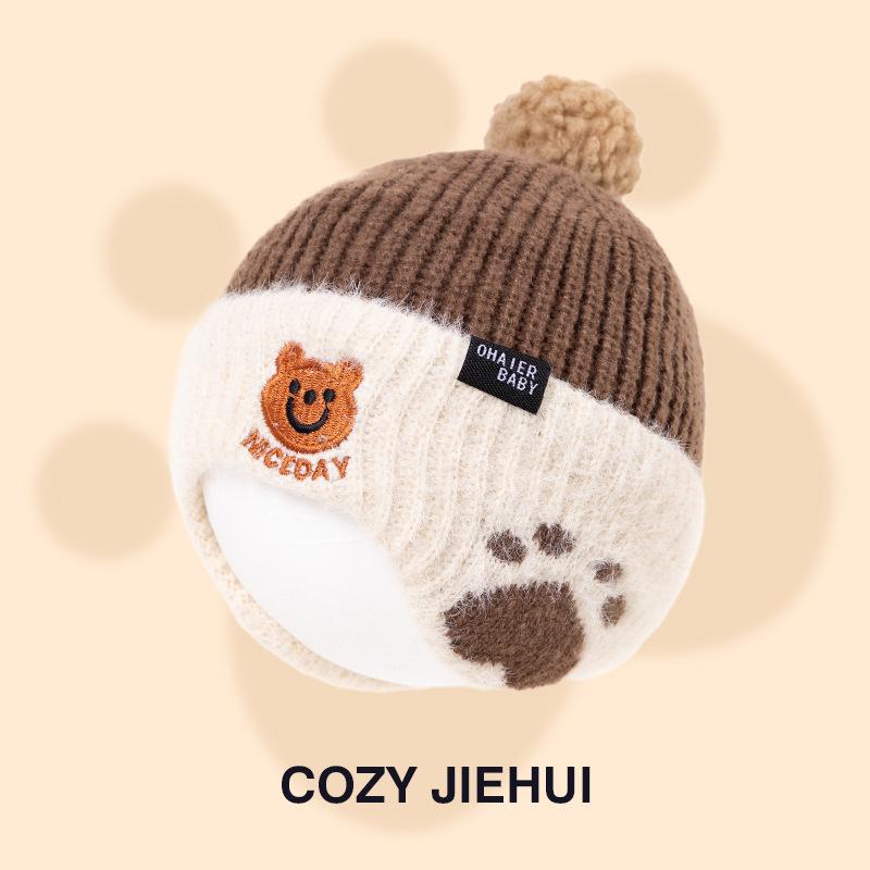 

Korean version of baby knitted hat winter outdoor warm Garib hairball ear protection hat cute bear children s wool hat 48-51cm