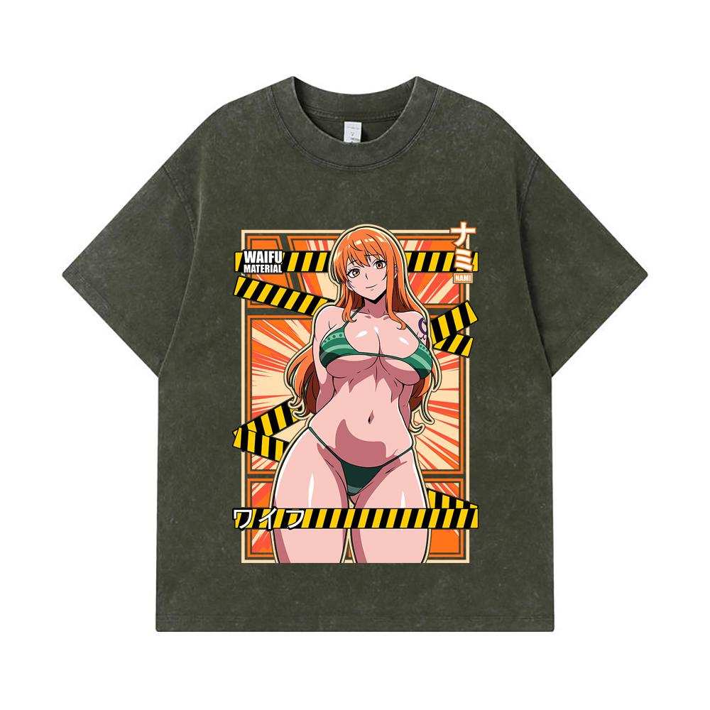 

275 GSM Washed T-shirts 100% Cotton One Piece V40 Nami Waifu Print Unisex Heavy Cotton T Shirt S армия зеленый
