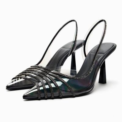Zomer Vrouw Zwart Glanzend Strass Hoge Hakken Sandalen Mode Transparante Tip Sexy Slingback Vrouwelijke Hoge Hakken Schoenen
