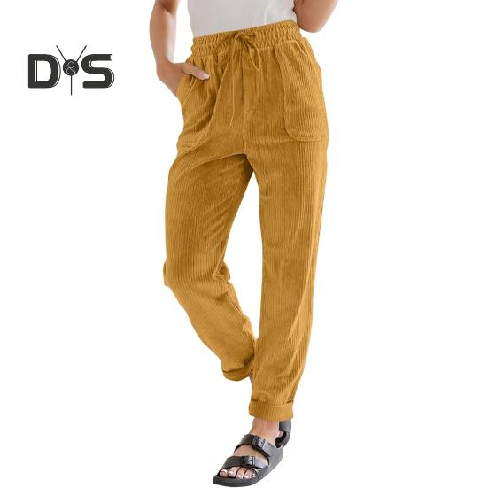 Women Corduroy Pants High Waist Baggy Drawstring Elastic Waist Casual Trousers Loose Fit Straight Leg Pockets Work Pants