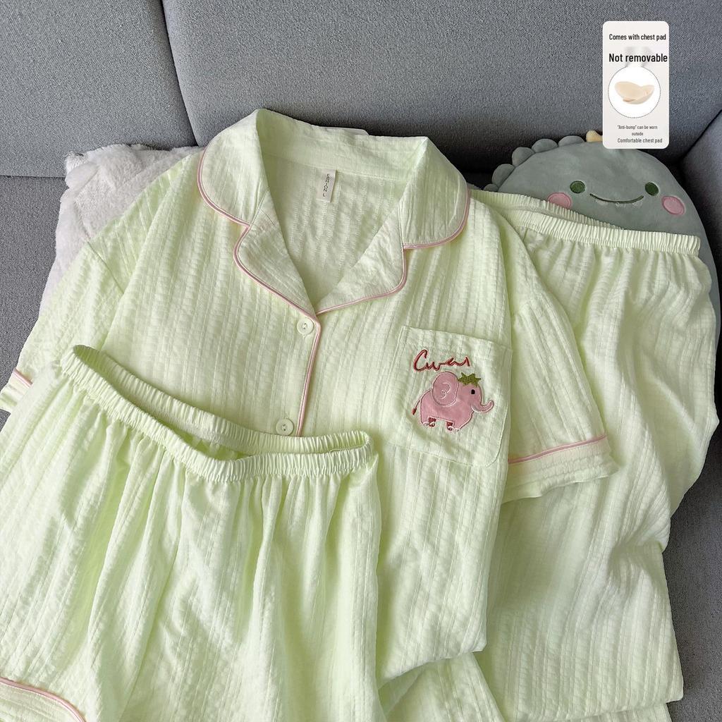 Women's Summer Cartoon Pajama Set: Short-Sleeved, Thin, 3-Piece with Chest Pads Suitable for Home or Outdoor Wear