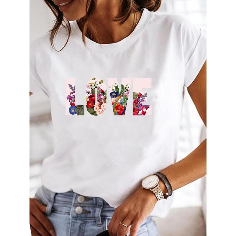 Sommer Rundhals Herzförmige Blume Liebe Aufdruck Top Modisches Lässiges Reines Baumwoll Kurzarm Damen T-Shirt