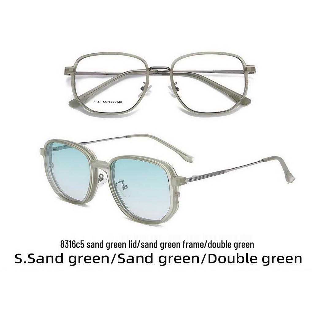 New Model Polarized Sunglasses Set: Magnetic Clip-On Round Frame with Pink & Green Lenses