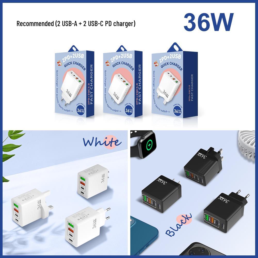 2A+2C Multi-Port Charger: European/American/UK Specs, QC3.0 & PD36W Fast Charging for Mobile Phones