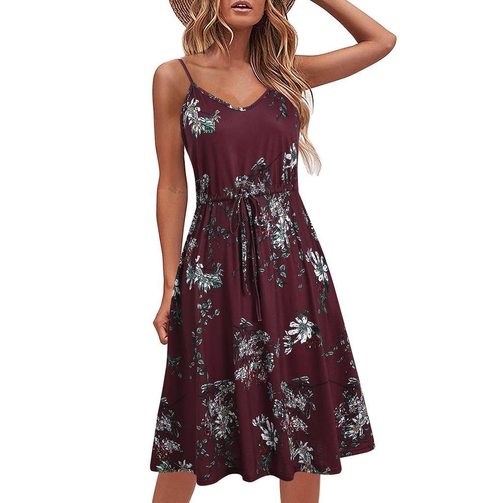 Ladies Casual Summer Cotton Sleeveless Spaghetti Strap Adjustable Waist Sundress