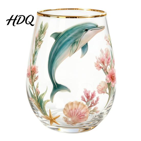 Hand-painted Glass Cup Hand Painted Tumbler Egg Shaped with Gold Rim Clear