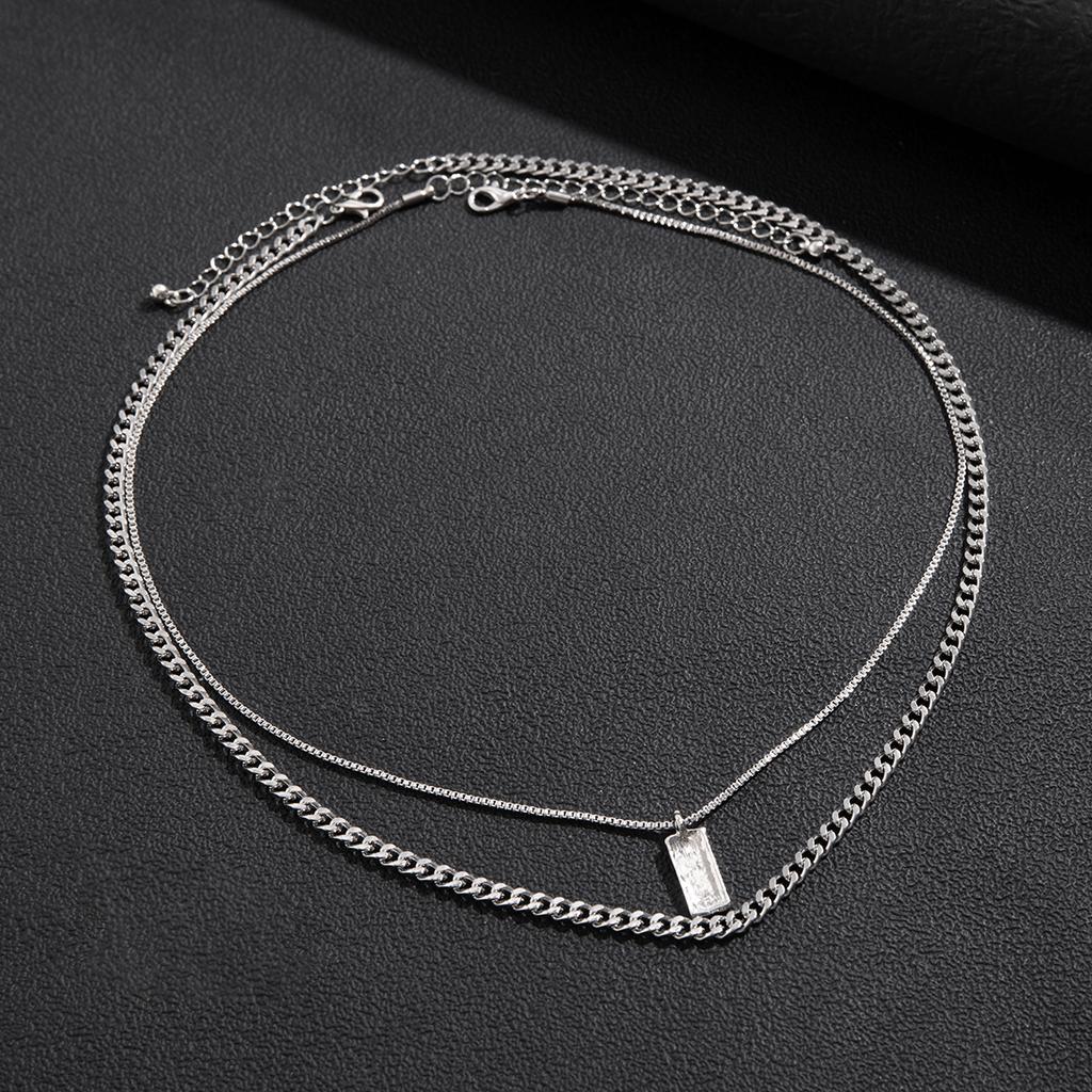 KunJoe 2Pcs/Set Trendy Simple Square Pendant Necklace for Men Punk Silver Color Cuban Link Chain Choker Necklace Male Jewelry
