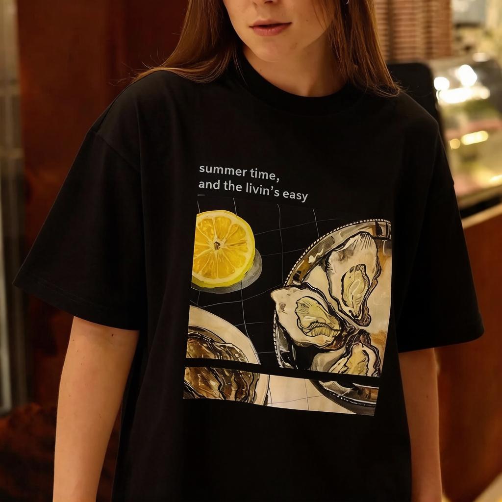 

2026 Summer New Pure Cotton European and American Casual Ocean Style Trend Retro Womens Shortsleeved Tshirt Fun and Cute S