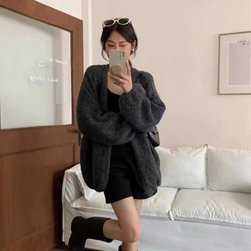 

Корейский свитер-куртка в стиле lazy для женщин, осенне-зимний, свободный, из альпаки и бархата, вязаный кардиган OneSize серый