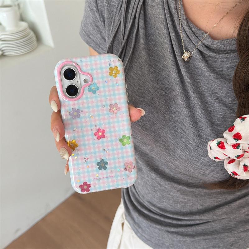 Colorful Floral Plaid Phone Case for iPhone 17, 16 Pro Max, 15, 14 - Japanese Korean Style