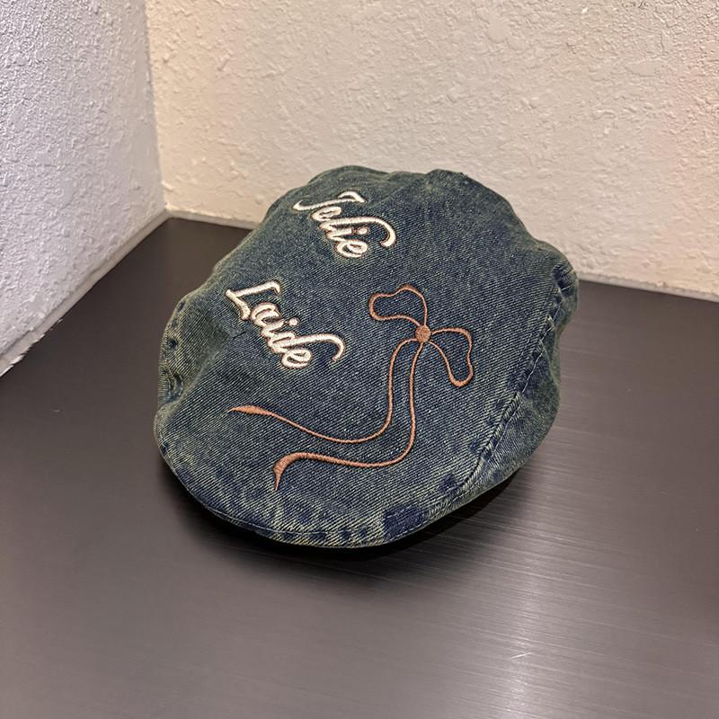 

Retro Blue Cotton Beret Cap With Bow Detail And Curved Brim For Fashionable Ladies Dark Blue