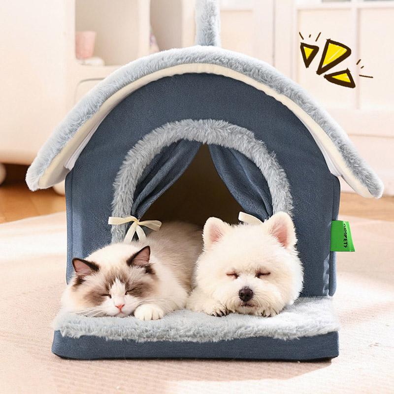 Luxurious Removable Dog House with Handle Enclosed Soft Plush Anti-Slip Pet Shelter Warm Calming Indoor Bed for Puppy Puppies