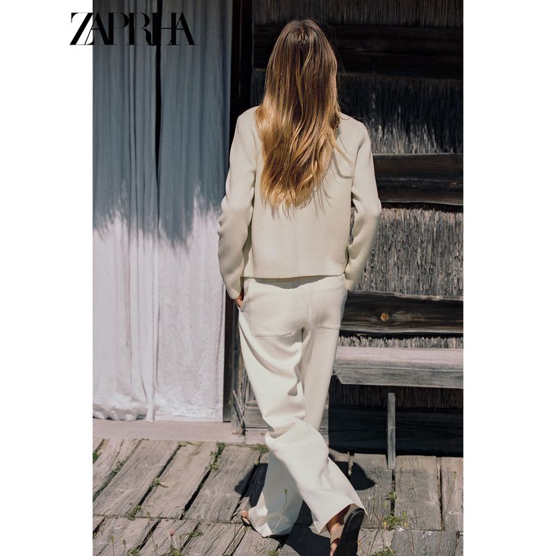 Zaprha 2025 Autumn New French Style Design Sense Pocket Decoration Round Neck Long Sleeve Knitted Outerwear 6427021