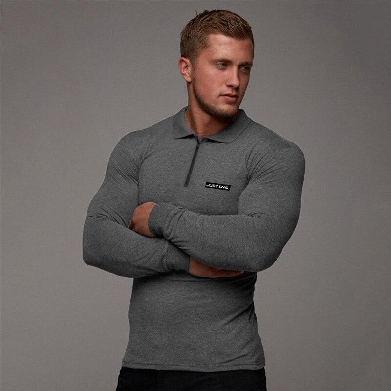 Muscleguys Men's Spring and Autumn Lapel Polo Shirt Printed Cotton Long Sleeve Pullover T-shirt Business Casual