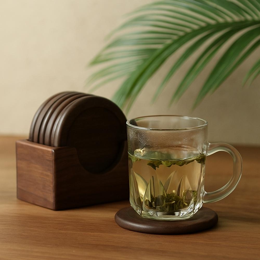 6 pièces/set Dessous de tasse à thé ronds Style japonais Dessous de table isolant Ustensiles à thé Sous-verre en bois Cadeau
