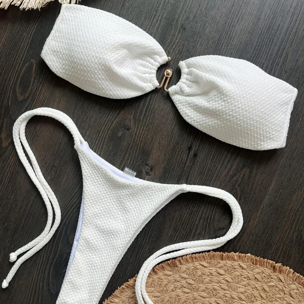 

2025 Специальная ткань Металлическая текстура Женский Новый Однотонный Бикини Раздельный Купальник Нейлоновый Купальник L белый