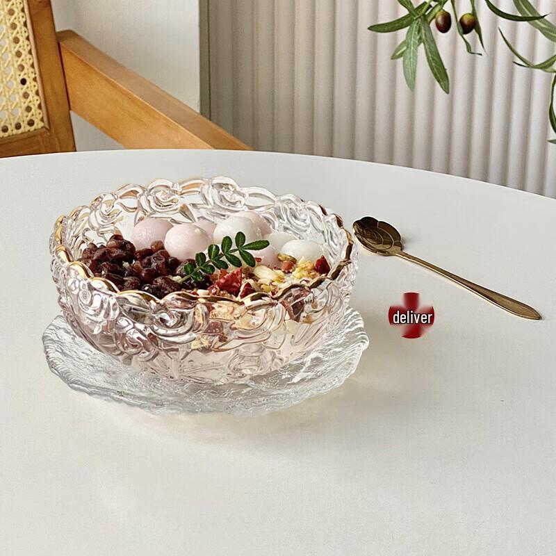 Wuhe Rose Glass Dessert Bowl & Saucer Set