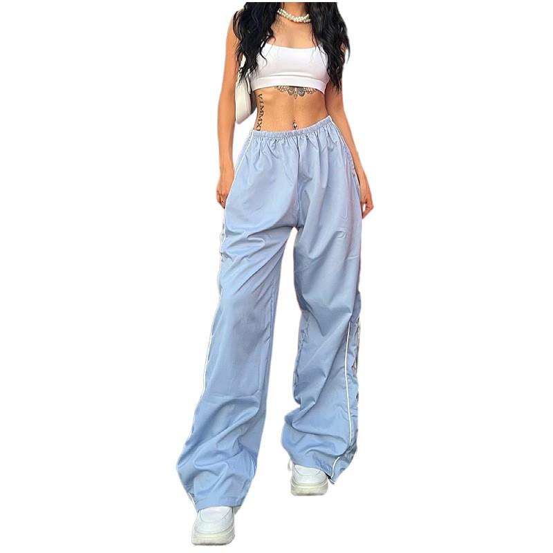 Womens Stretch Waist Casual Wide Leg Pants With Cuffed Hem Loose Fit Streetwear Trousers