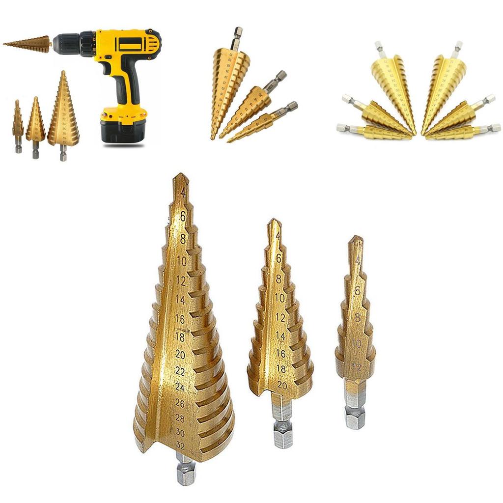 Versatile 3 Pcs 4-12/20/32mm Large Hss Steel Step Cone Drill Titanium Bit Hole Cutter Set For Various Materials