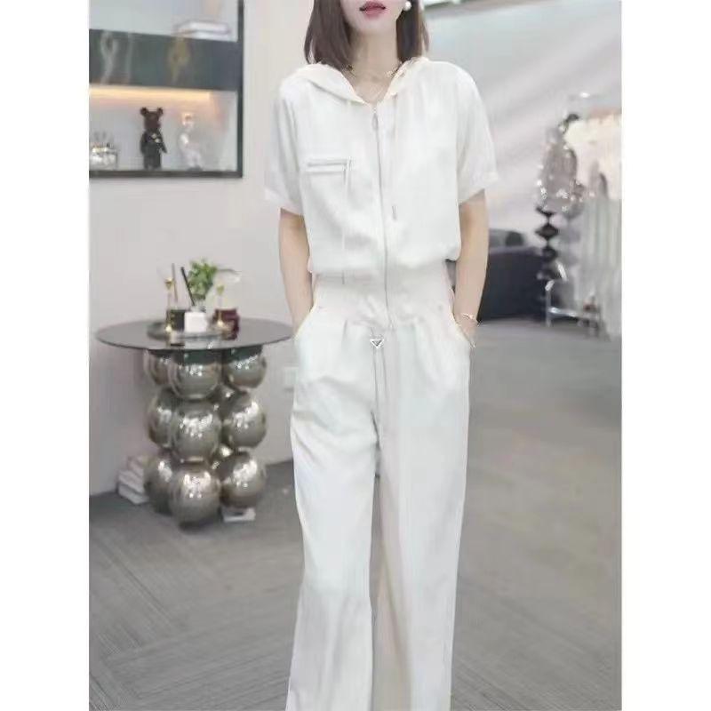 Korean Style Women's Two-Piece Summer Set: Waist-Slimming Hooded Cardigan & Straight-Leg Long Pants.