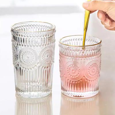 10.3oz/12oz Gold Edge Glass Cup Water Bottle 2pcs Sunflower Pattern Relief Tea Cup Transparent Drinking Glasses Cocktail Glass