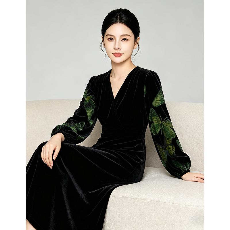 V-neck Velvet Waist Cinched Dress