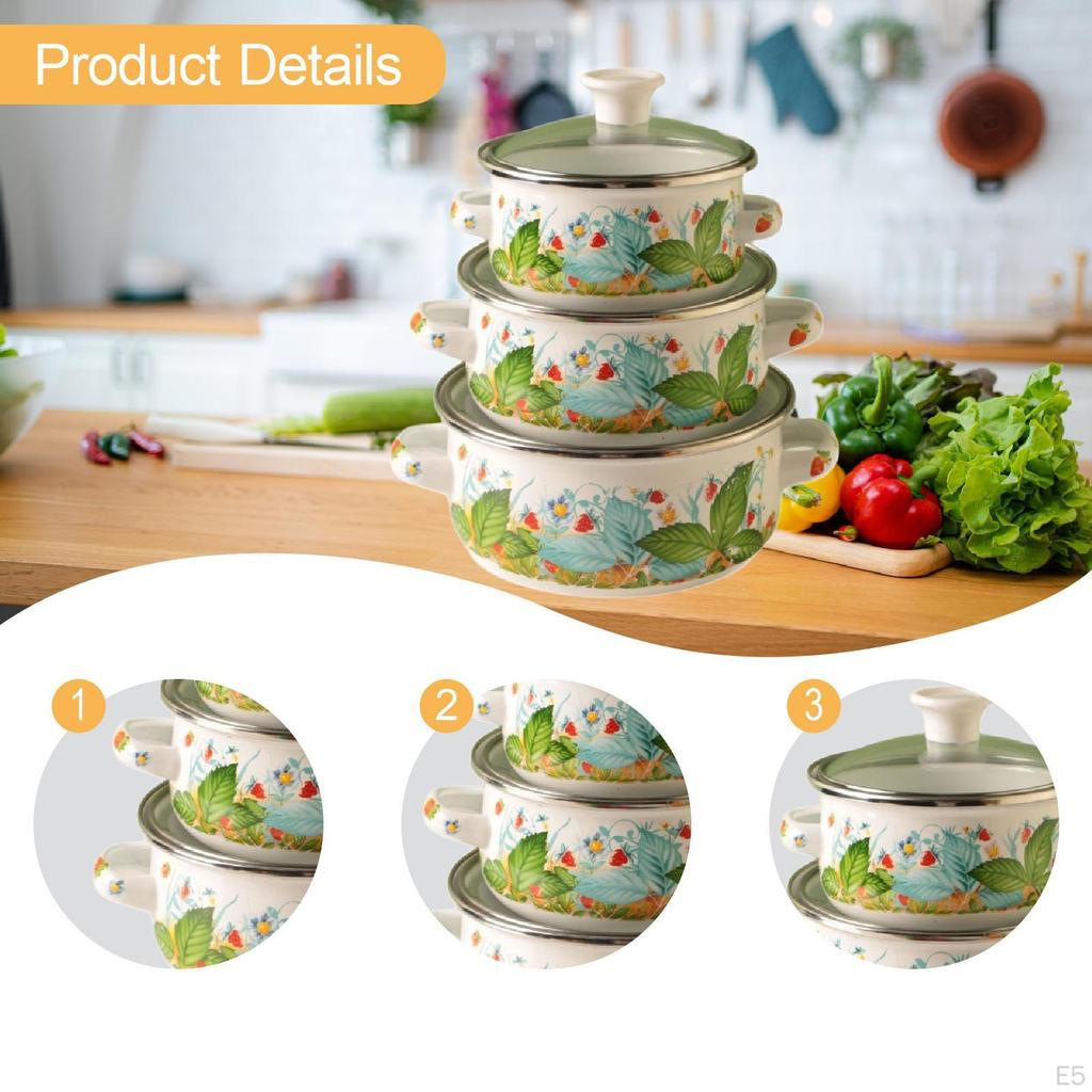 3 Enamel Pots with Handles And Lids for Soups Stews Beans Induction Gas Household Kitchen