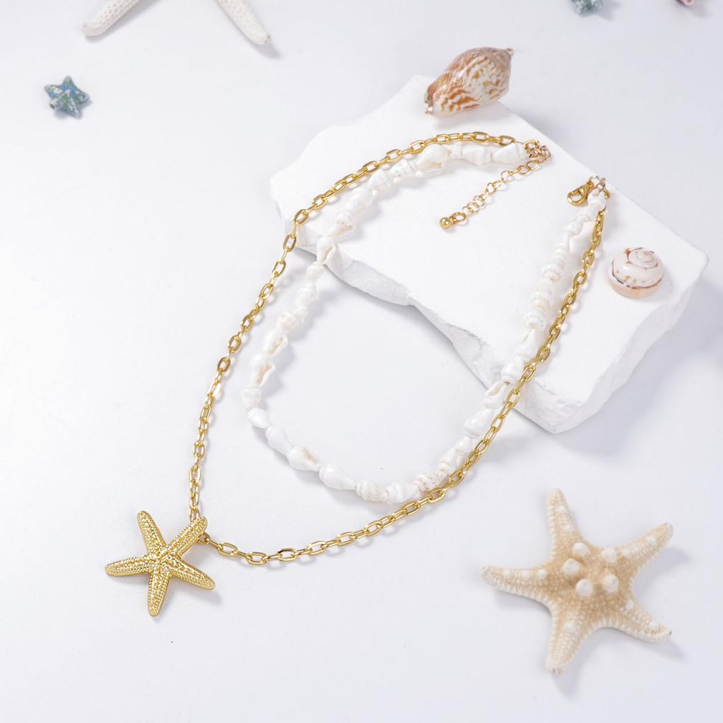 Leisure vacation ocean wind white conch chain double stacked alloy starfish pendant temperament women's necklace