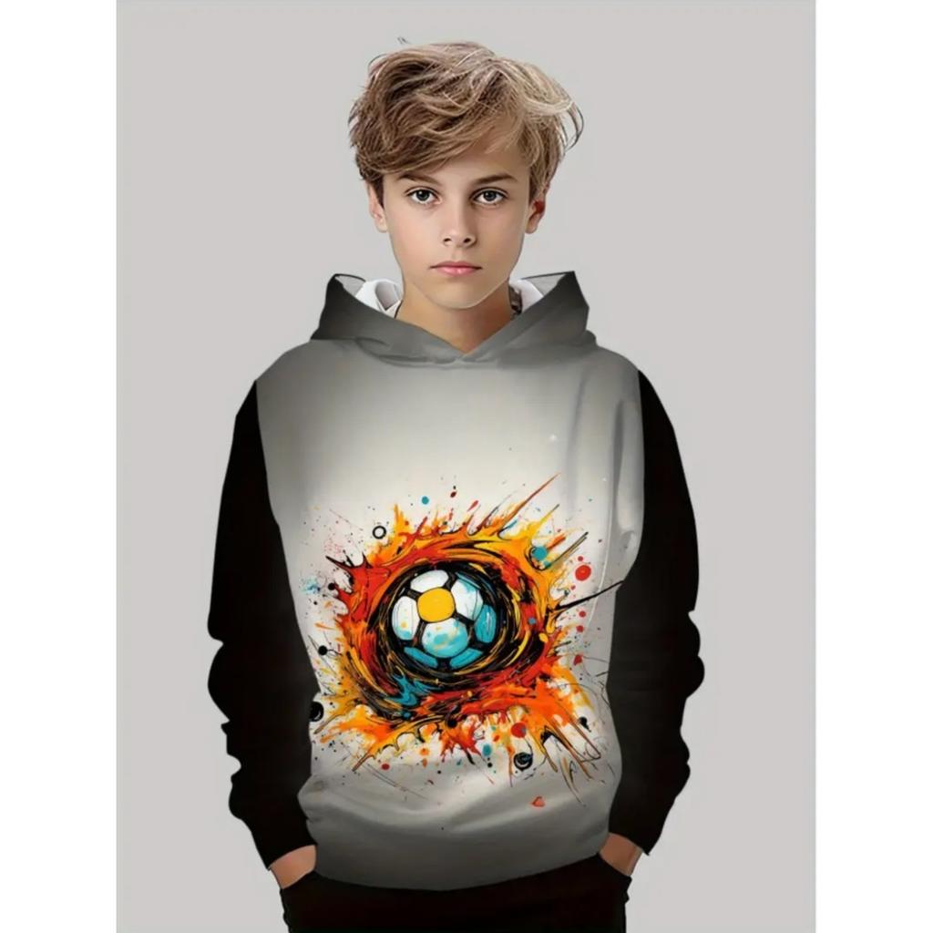 Jungen 3D Fußball Harajuku Print Hoodie Lässig Polyester Langarm, Leichter Stretch, Kapuzen-Outdoor-Sweatshirt zum Laufen
