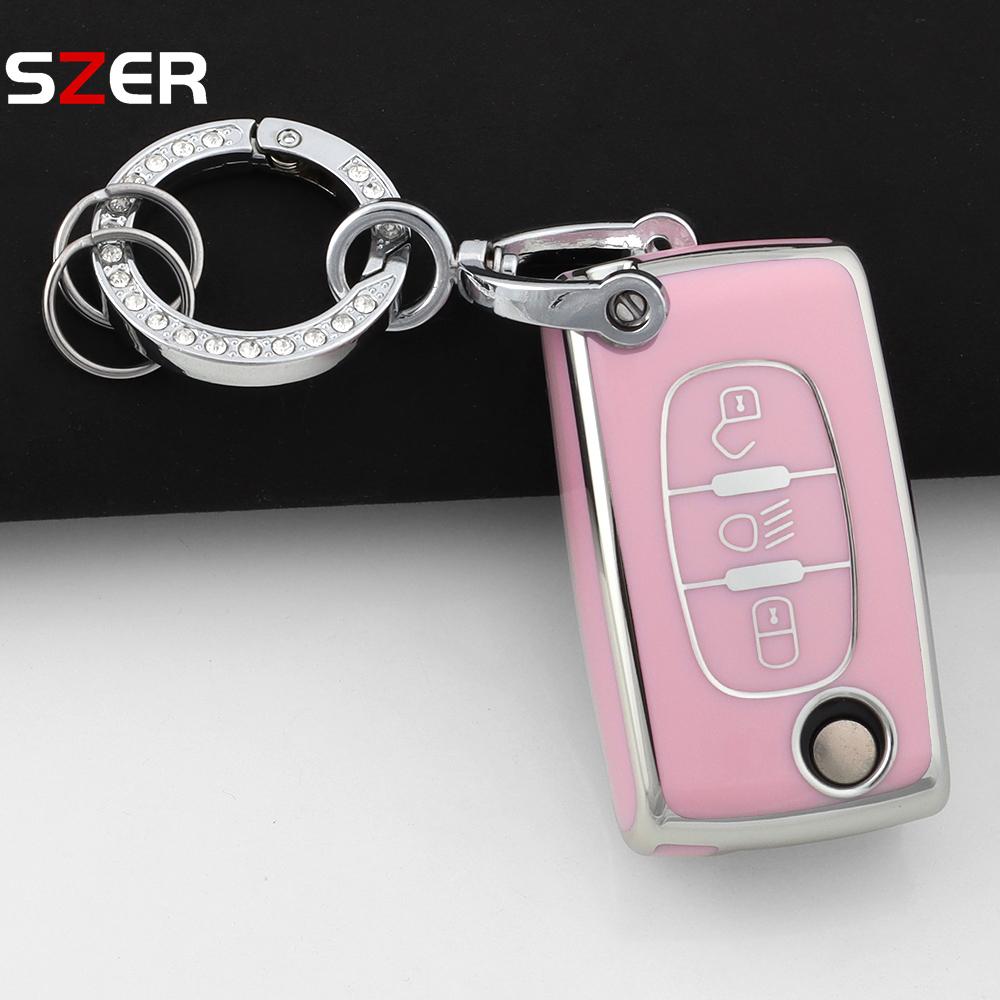 New Pink Tpu Car Key Case Cover Keychain Fob Shell For Citroen C2 C3 C4 C5 C6 Xsara Berlingo For Peugeot 207 307 308 407 607 807
