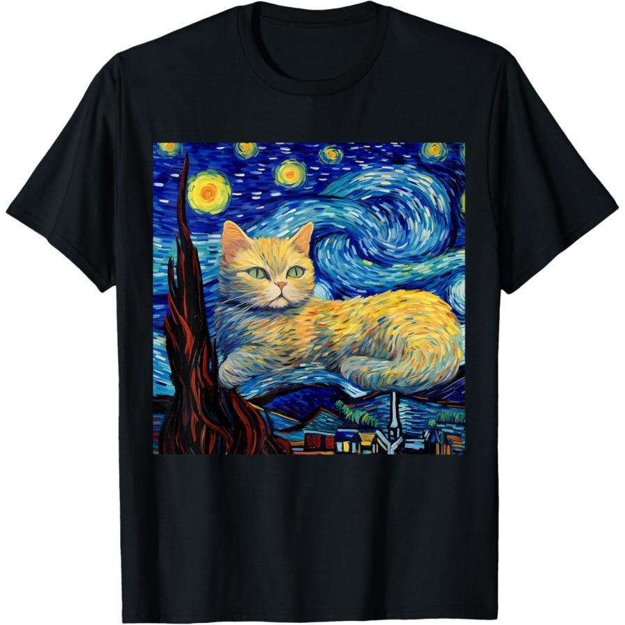 Surreal Starry Night British Shorthair Cat T-Shirt(2) XXXXXL чёрный