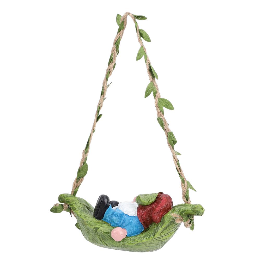 Garden Gnome On Leaf Hammock Statue Cute Resin Swinging Outdoor Yard Decor Fairy Garden Ornament