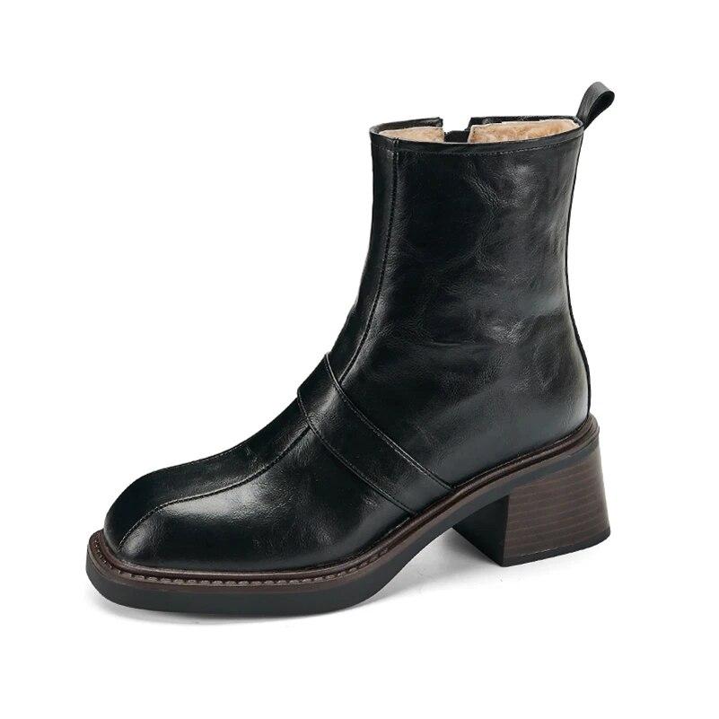 

Meotina женские ботильоны из натуральной кожи с квадратным носком, шерстяные короткие ботинки на высоком каблуке и молнии, женская модная обувь, зимняя коричневая обувь 40 34 чёрный