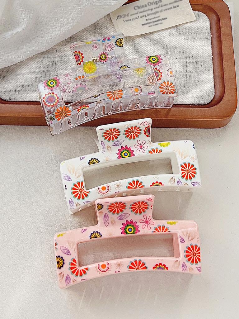 Flower Print Korean Style Barrettes for Women Square Hair Claw Clip  Hair Clamps Hairpin Strong Hold Hair Accessories Girl Gift