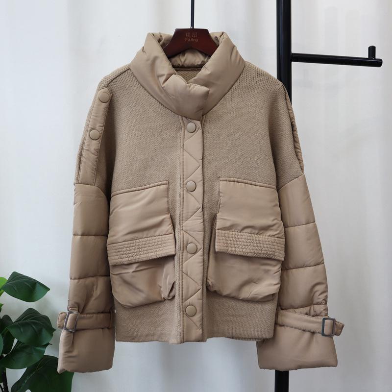 

Осень и зима новая хлопковая одежда в стиле пэчворк вязаный кардиган утолщенный свободный темпераментный дизайн с высоким воротником свитер куртка женская one size fits all хаки