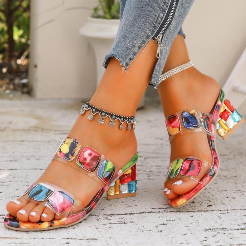 Women's Rhinestone Thick Heel Floral One-character Cool Slippers Fashion Outerwear Color Block Medium Heel Large Size Women's Shoes