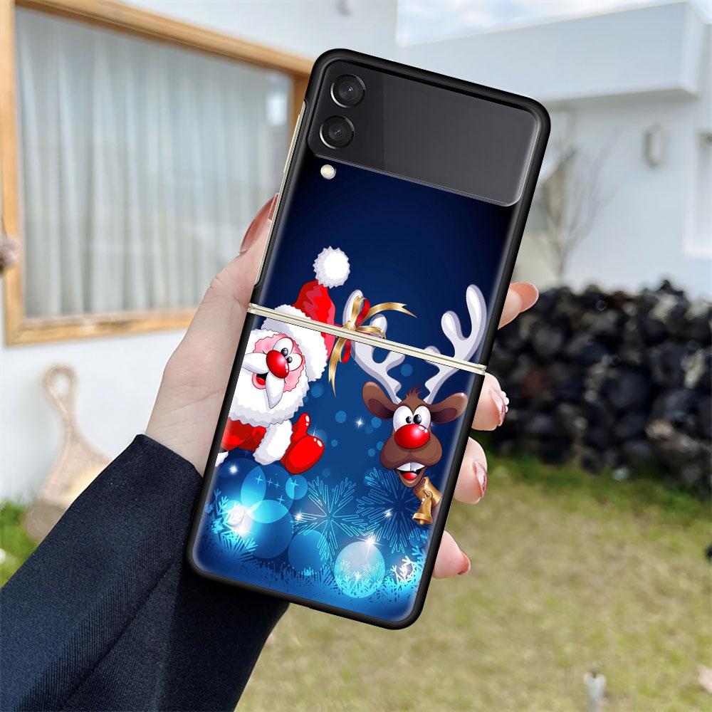 Luxury Case For Samsung Galaxy Z Flip 4 3 5G Black PC Hard Phone Cases Fashion Back Cover ZFlip Funda Merry Christmas Shell Capa