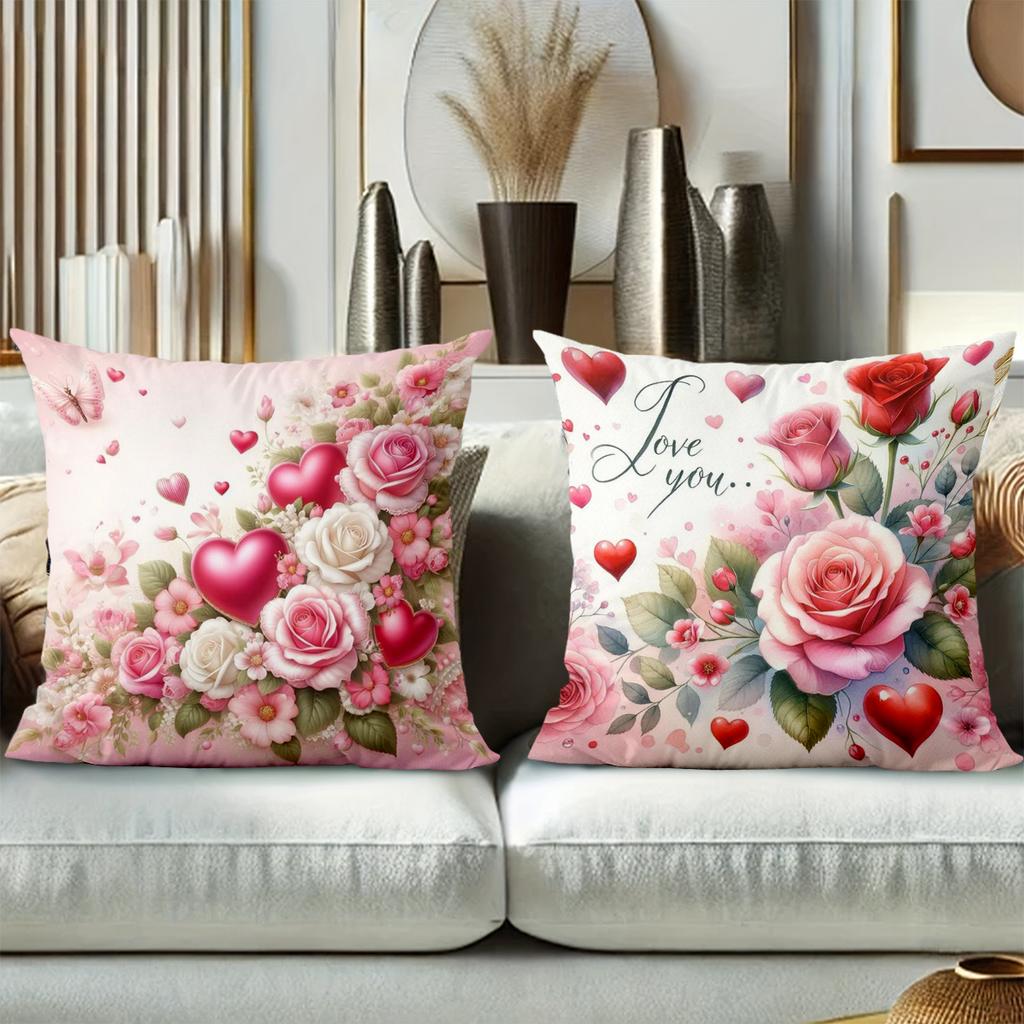 Pink Roses Hearts Valentine's Day Throw Pillows Polyester pillowcase, sofa decorative cushion cov Headboard Pillow