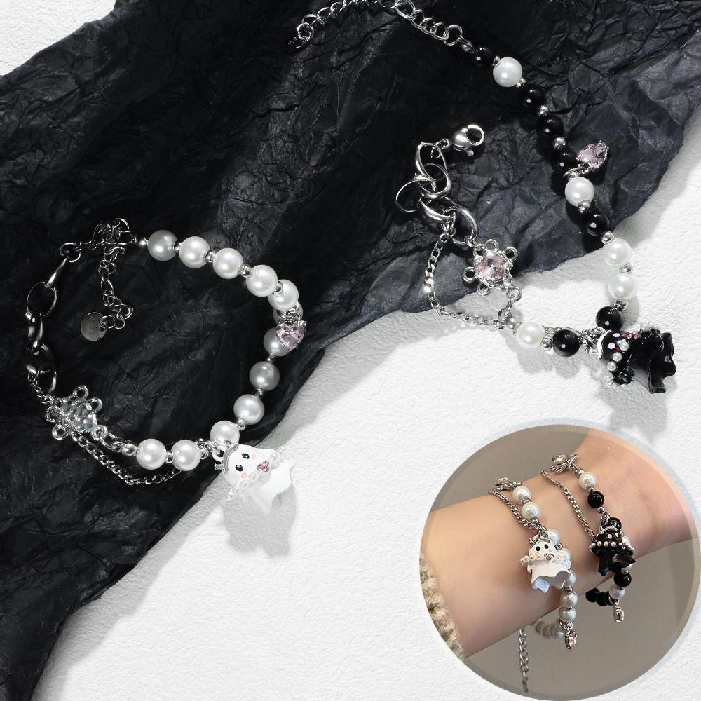2PCS Cute Halloween Couple Bracelets Pearl Beaded Ghost Pendant Bracelet  Friends