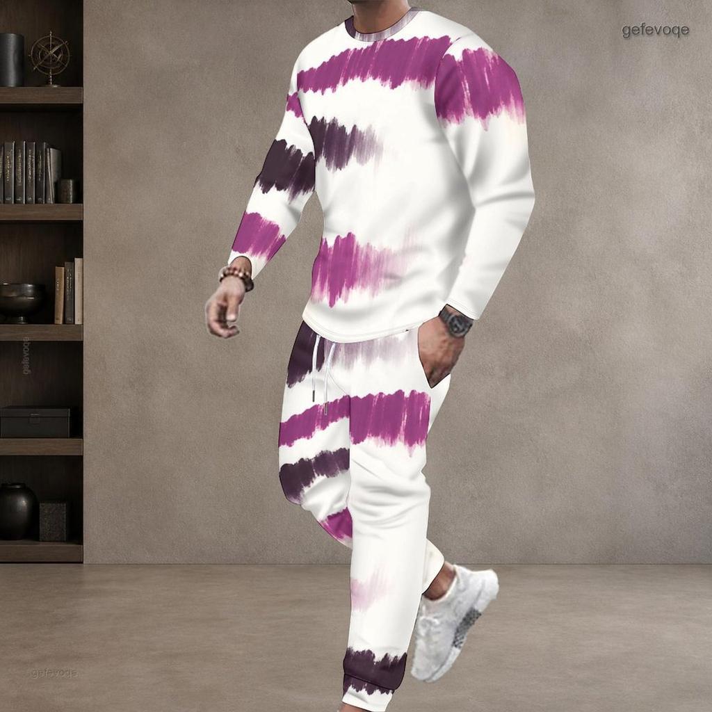 Men Plus Size Blue Printed Round Neck Long Sleeve Two Piece Cuffed Pants Set