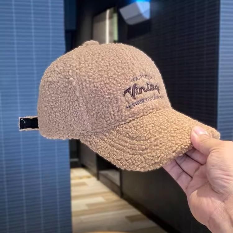 Lamb Fur Baseball Cap In Autumn and Winter Warmth and Windproof Letter Embroidery Solid Color Fashionable and Versatile Plush Baseball Cap