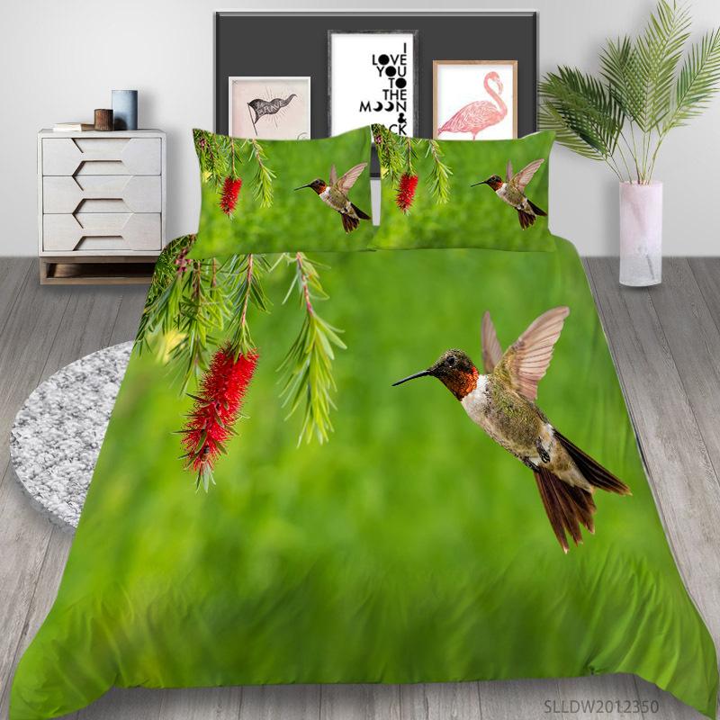 Hummingbird Duvet Cover Set King/Queen Size Small And Cute Tropical Bird Yellow Flower Green Leaves  Bedding Set Women