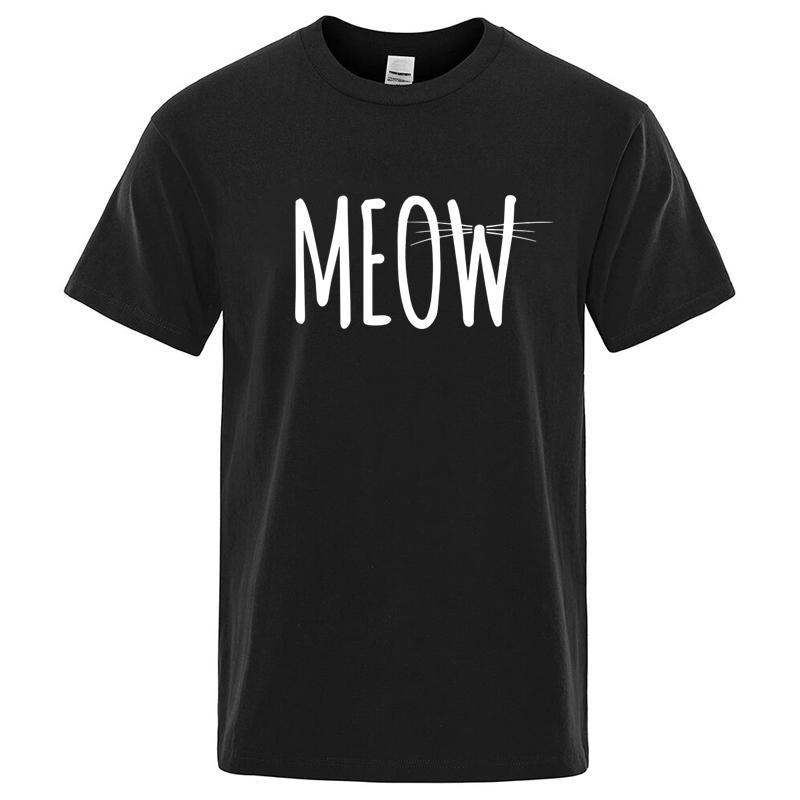 Baumwollmischung Lustiger Katze Miau Aufdruck Unisex Lockerer O-Ausschnitt Cooles T-Shirt für Herren Kurzarm T-Shi