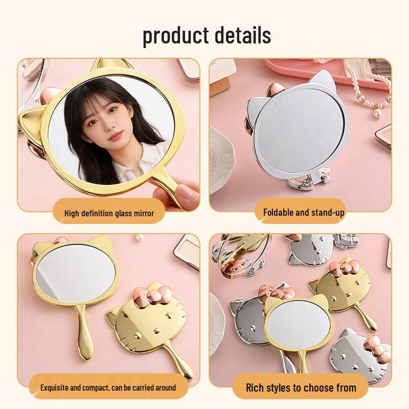 Compact Silver Handheld Folding Makeup Mirror with Cat Design