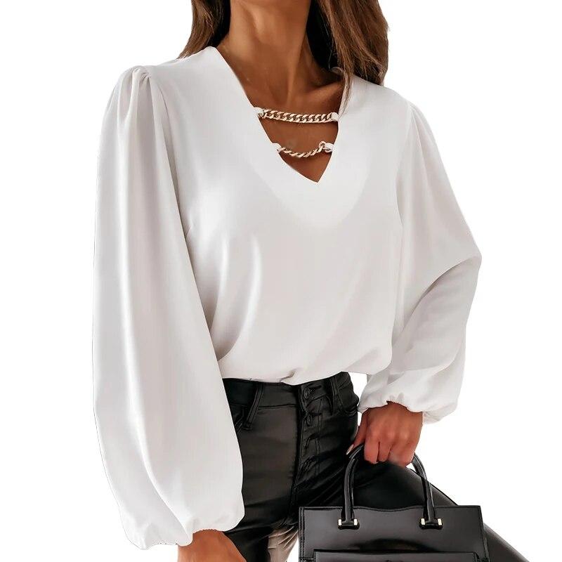 

Однотонна жіноча блузка з V-подібним вирізом і довгими рукавами, осінньо-зимовий одяг S