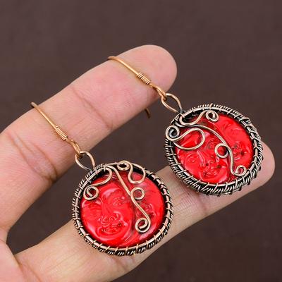 Natural Red Cameo Face Gemstone Handmade Copper Wire Wrap Earring 2.36 E5S78